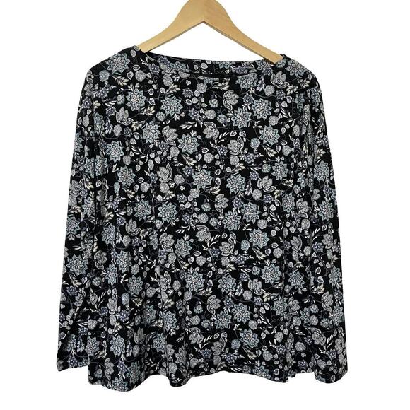 J Jill Luxe Supima Boat Neck Floral Tee Top Size LP Black Dark Cottagecore - Picture 1 of 7